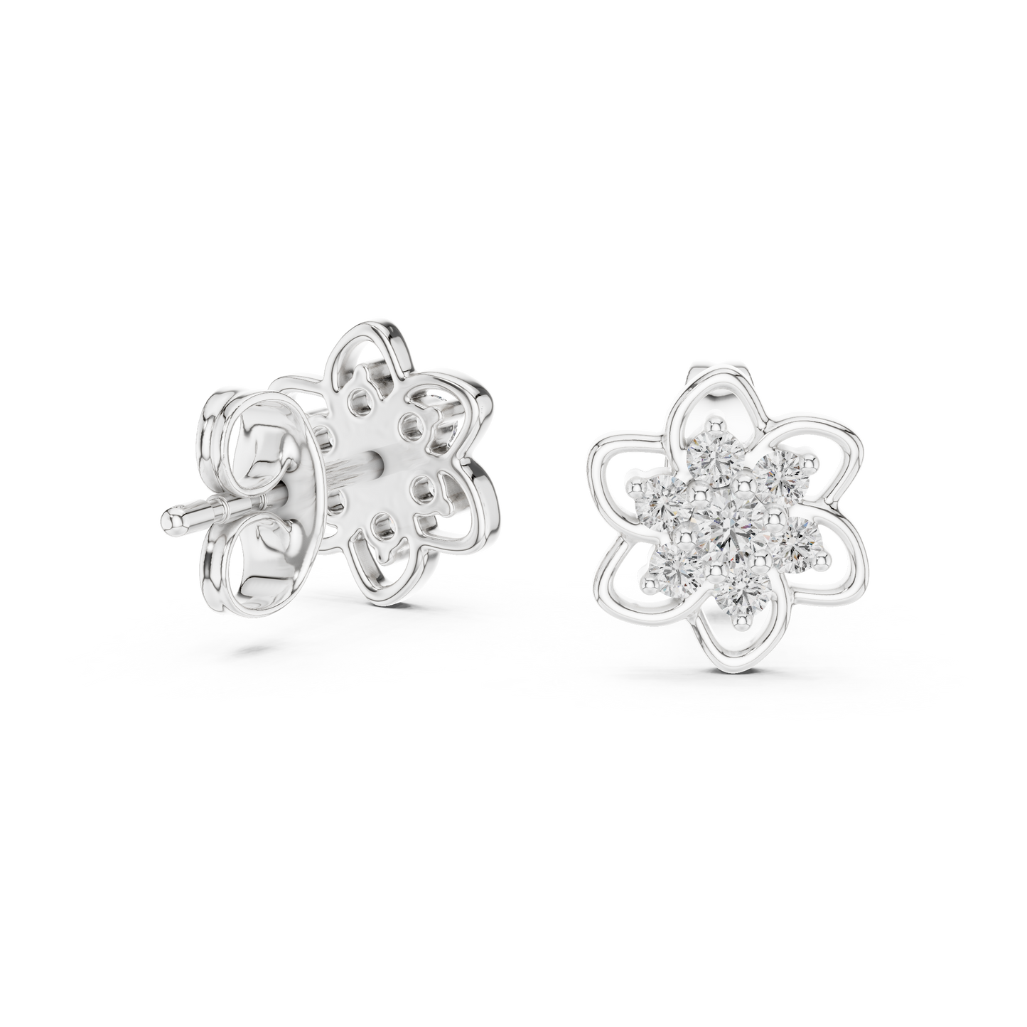 Round Cut Lab Grown Diamond Petal Floral Stud Earrings in Platinum