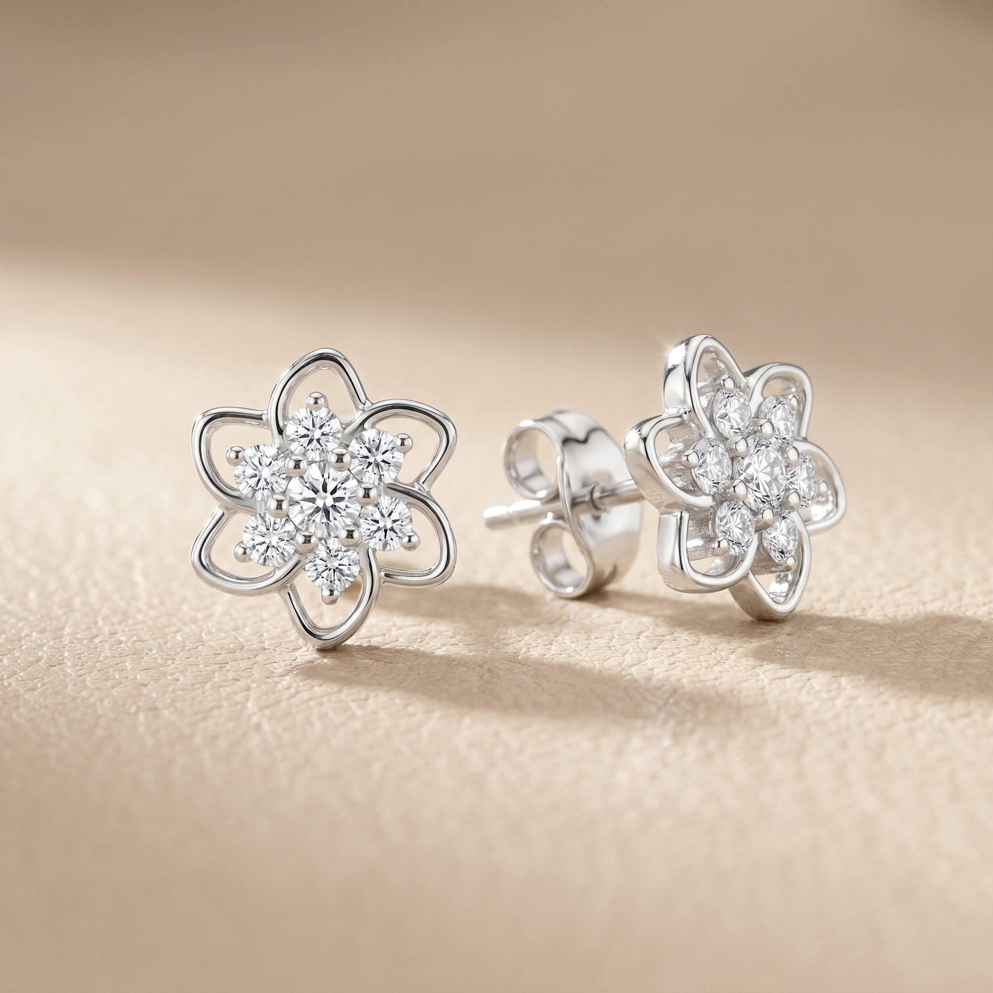 Round Cut Lab Grown Diamond Petal Floral Stud Earrings in Platinum
