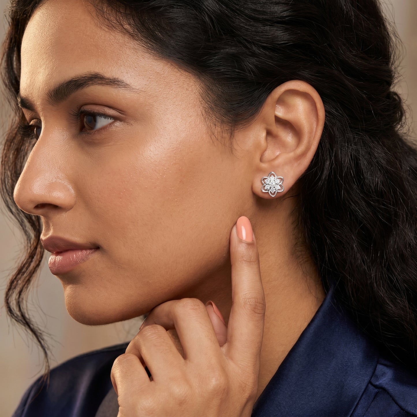 Round Cut Lab Grown Diamond Petal Floral Stud Earrings in Platinum