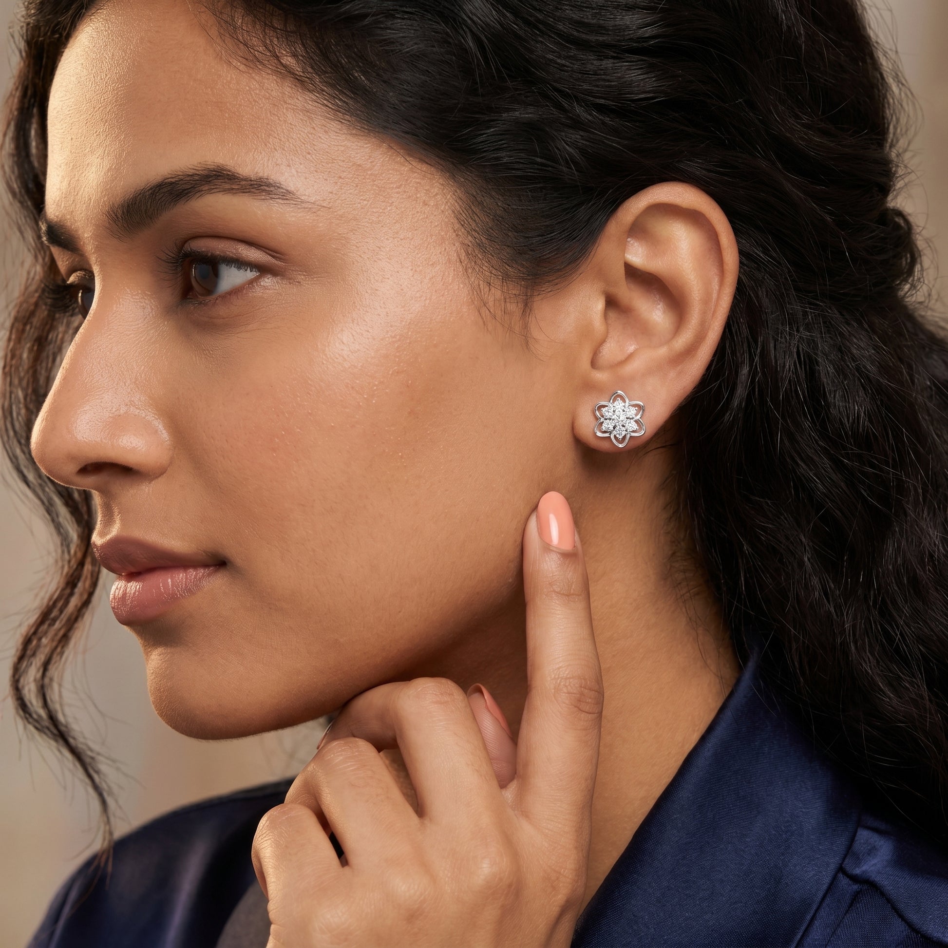 Round Cut Lab Grown Diamond Petal Floral Stud Earrings in Platinum