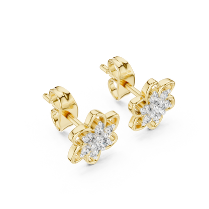 Round Cut Lab Grown Diamond Petal Floral Stud Earrings in Yellow Gold