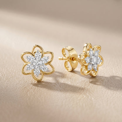 Round Cut Lab Grown Diamond Petal Floral Stud Earrings in Yellow Gold