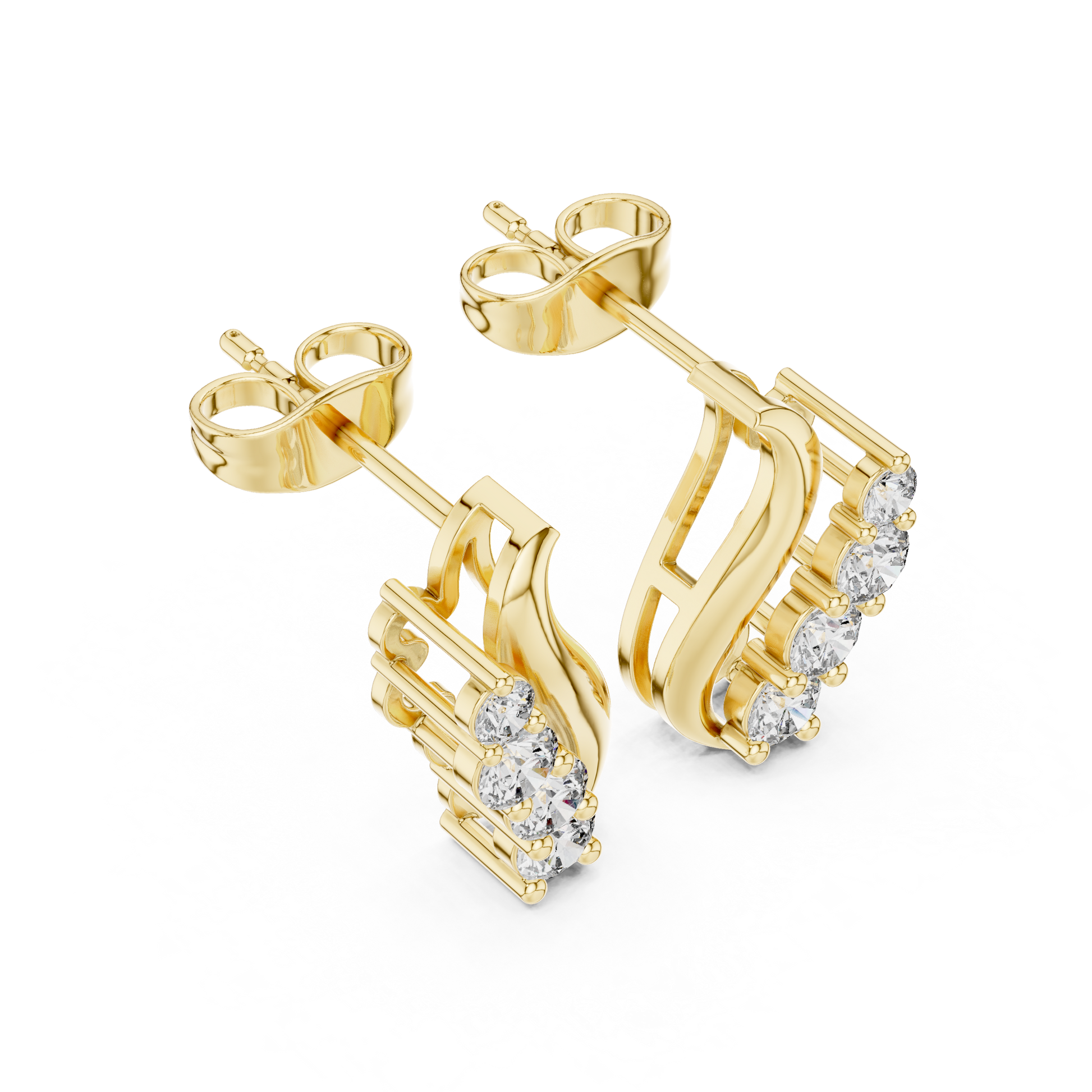 Round Cut Lab Grown Diamond Climber Earrings in Yellow Gold