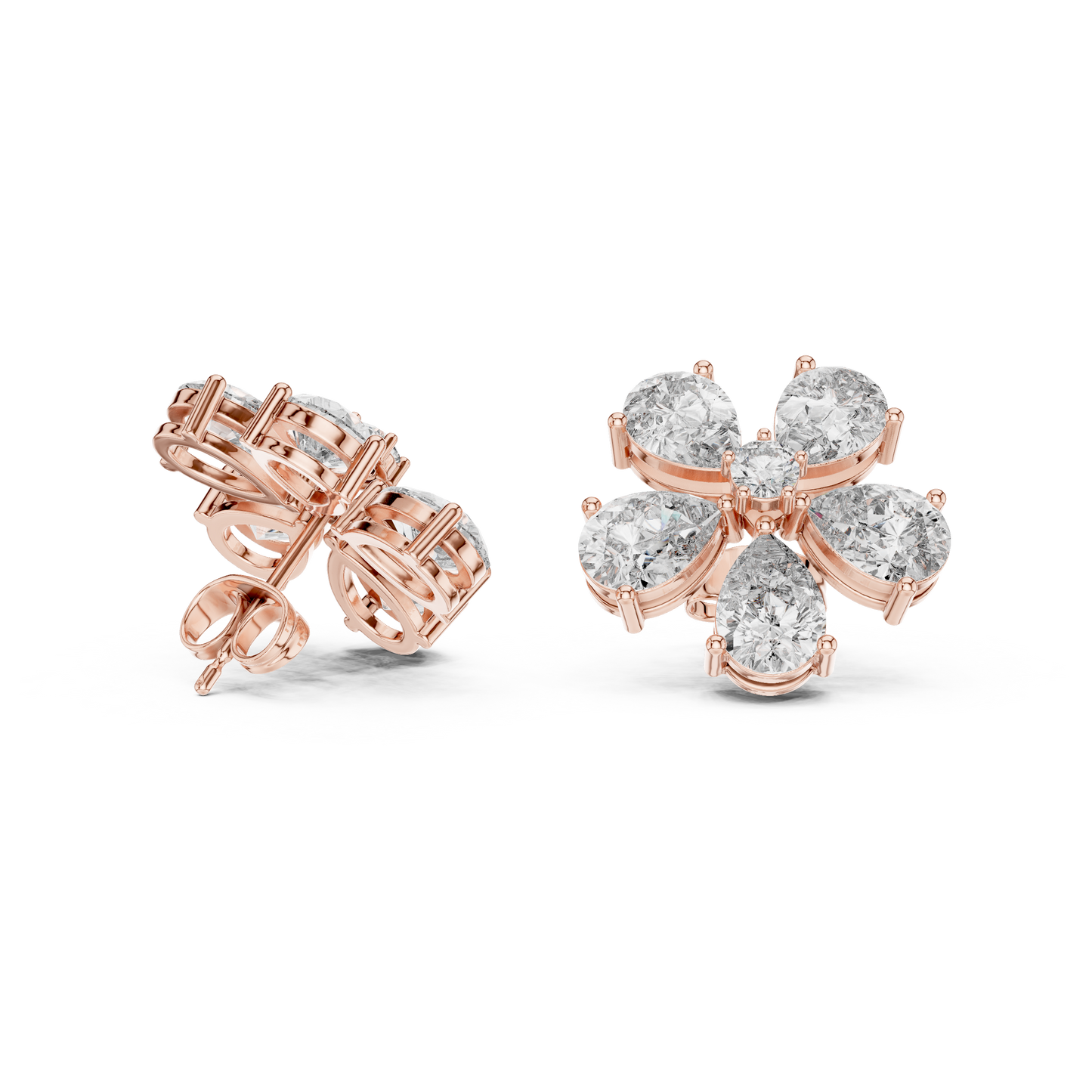 Pear Round Cut Lab Grown Diamond Stud Earrings in Rose Gold