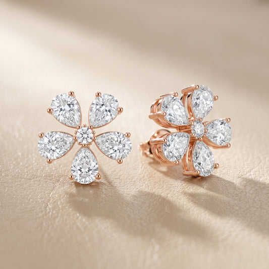 Pear Round Cut Lab Grown Diamond Stud Earrings in Rose Gold