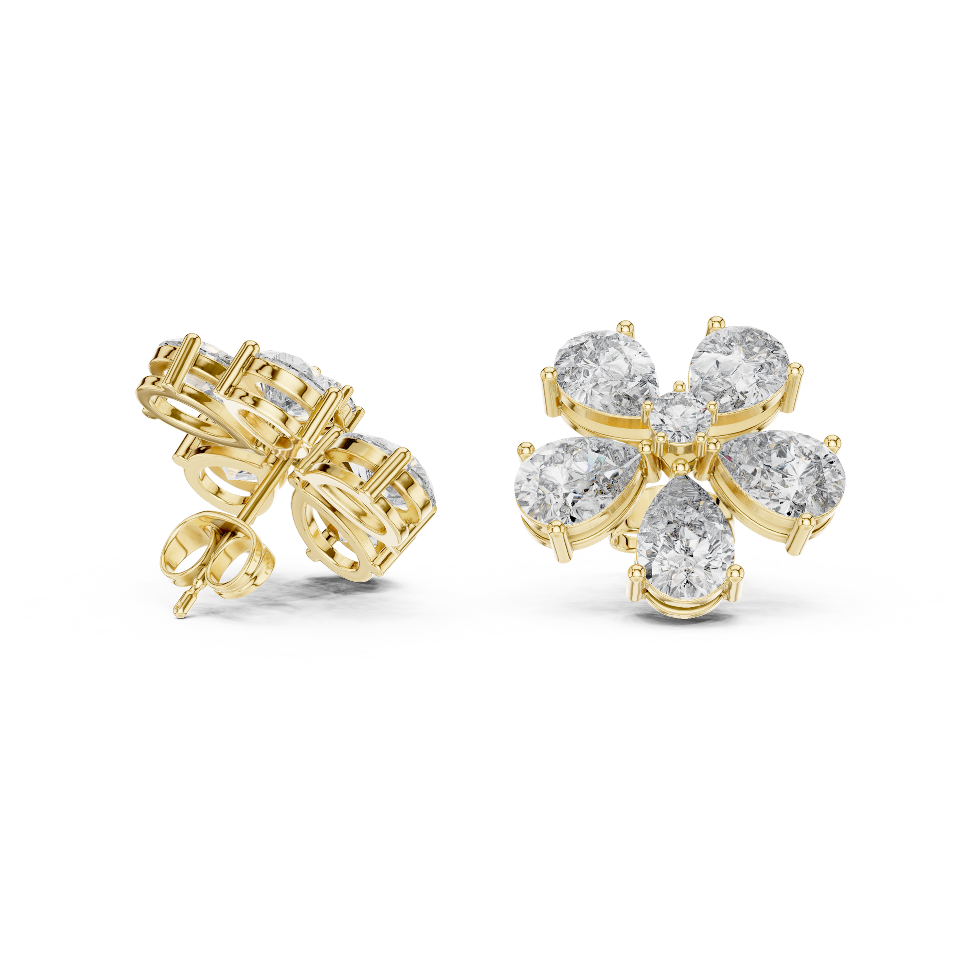 Pear Round Cut Lab Grown Diamond Stud Earrings in Yellow Gold