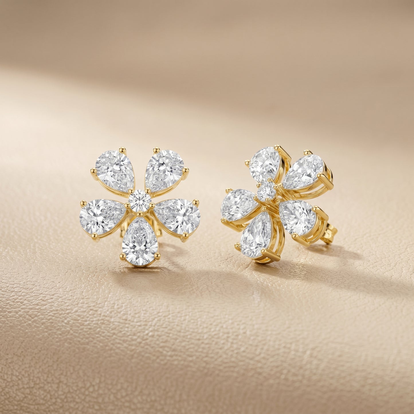 Pear Round Cut Lab Grown Diamond Stud Earrings in Yellow Gold
