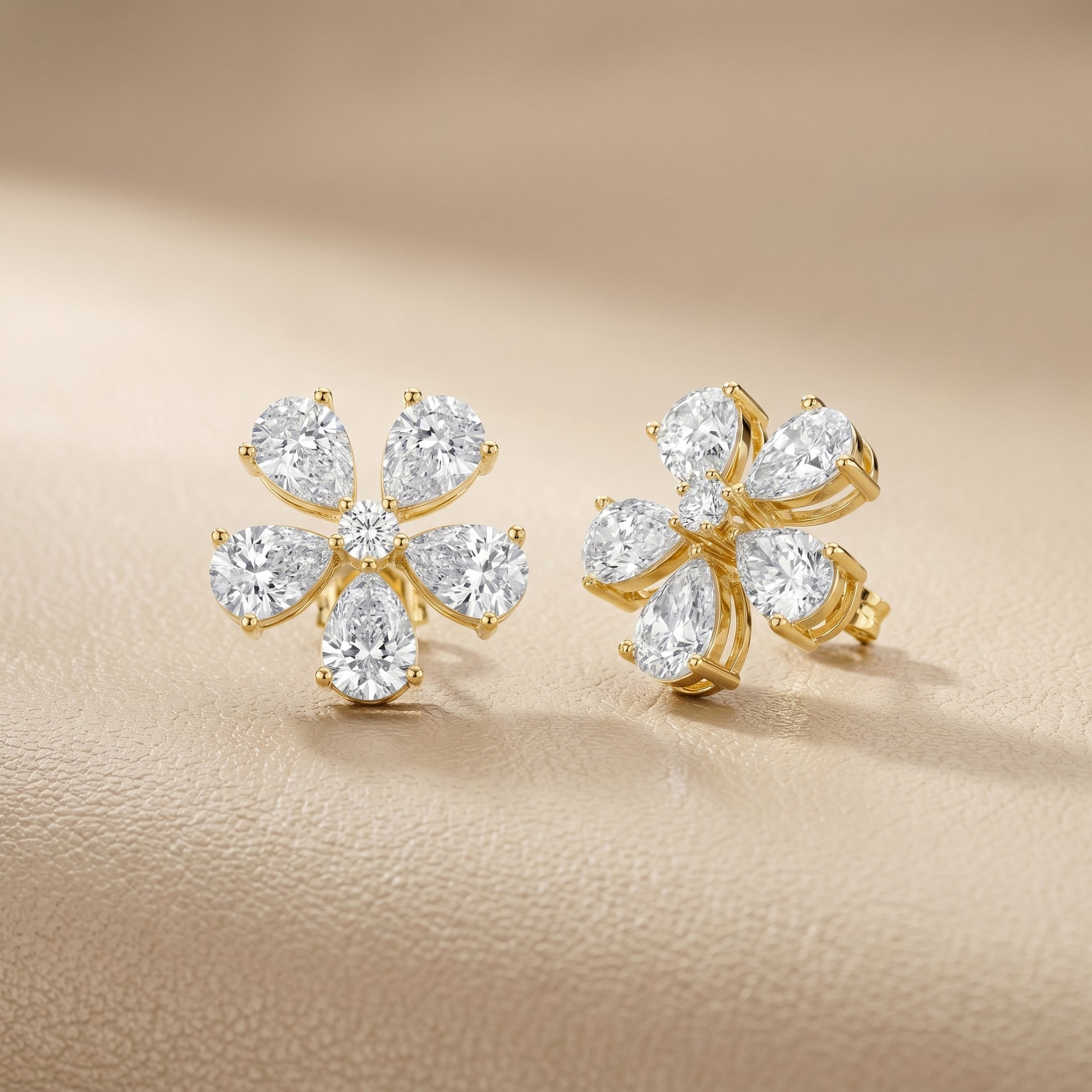 Pear Round Cut Lab Grown Diamond Stud Earrings in Yellow Gold