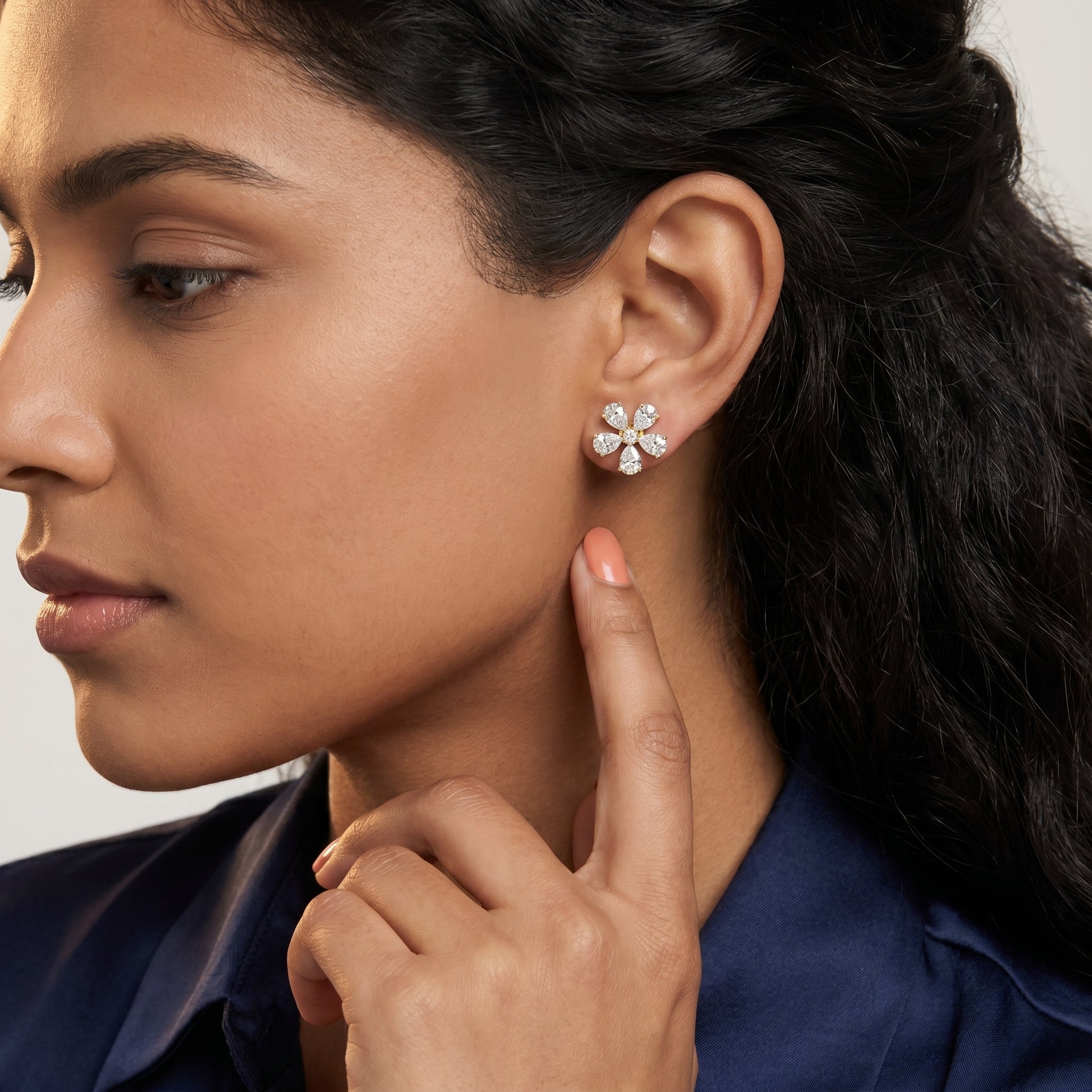 Pear Round Cut Lab Grown Diamond Stud Earrings in Yellow Gold