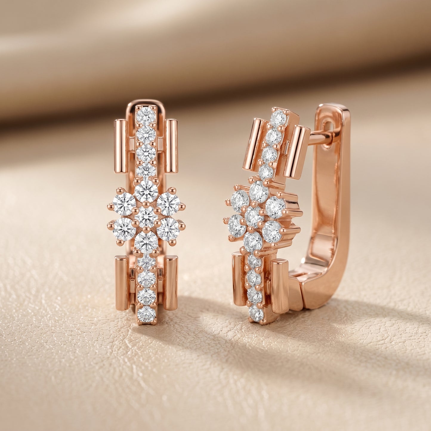 Round Cut Lab Grown Diamond Bloom Hoop Earrings in Rose Gold