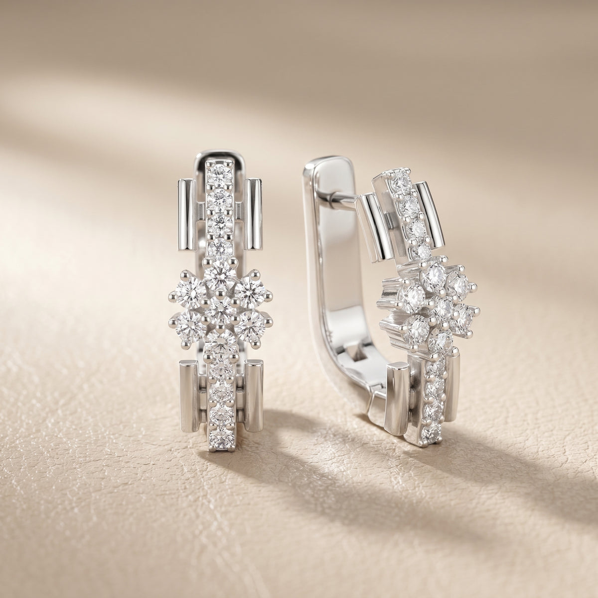 Round Cut Lab Grown Diamond Bloom Hoop Earrings in White Gold