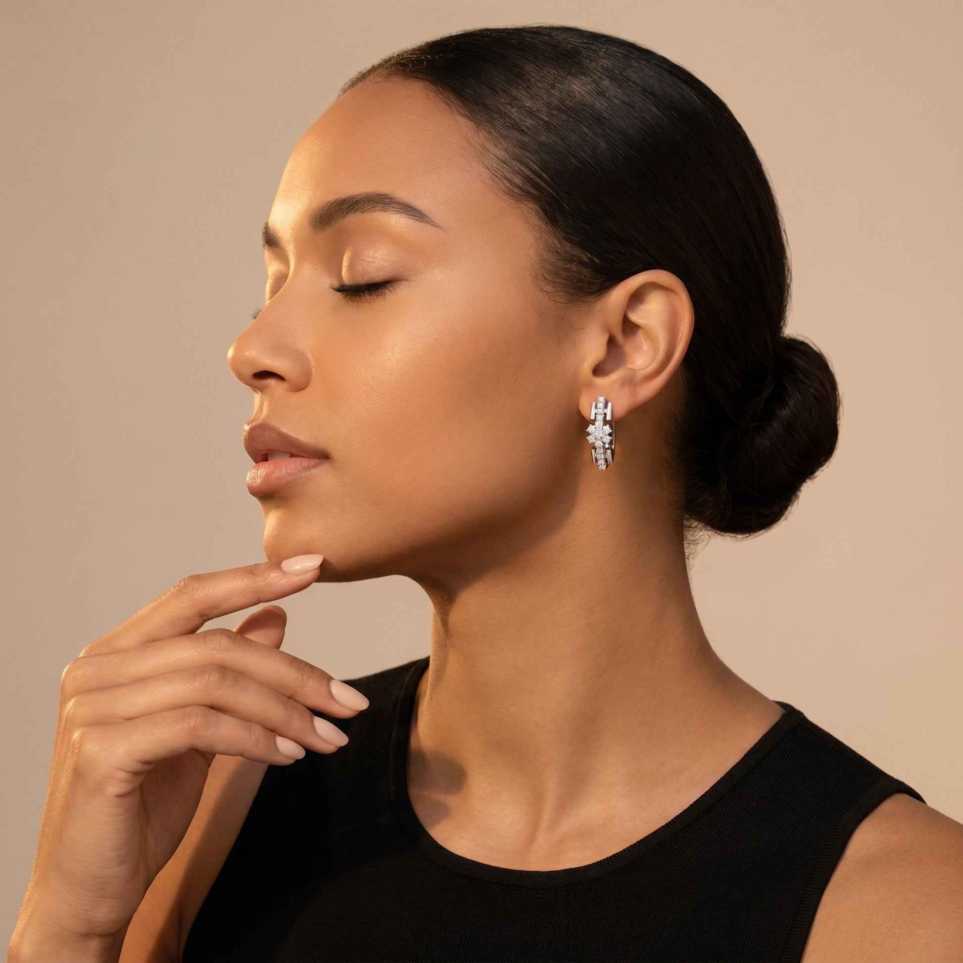 Round Cut Lab Grown Diamond Bloom Hoop Earrings in Platinum