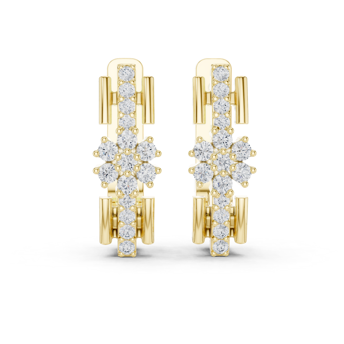 Round Cut Lab Grown Diamond Bloom Hoop Earrings in Yellow Gold