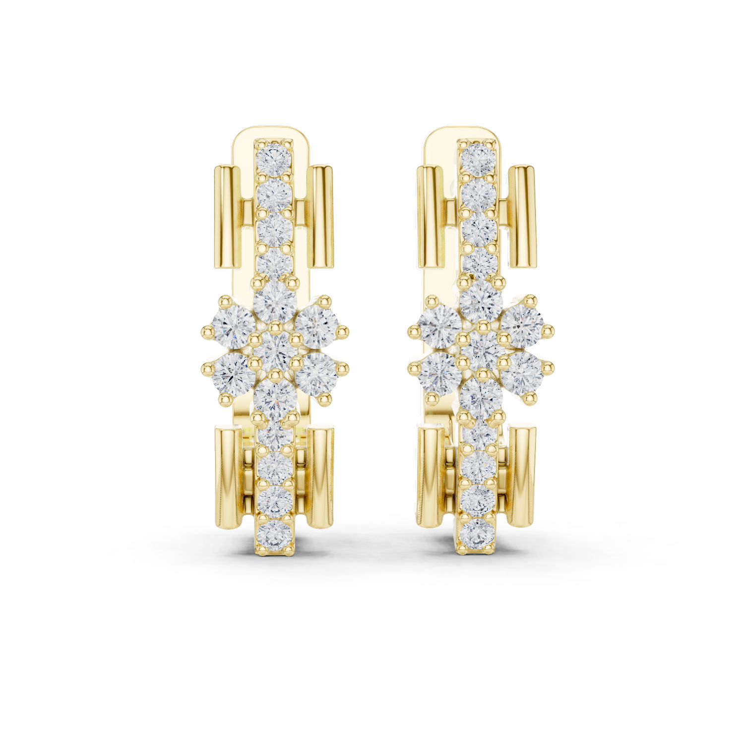 Round Cut Lab Grown Diamond Bloom Hoop Earrings in Yellow Gold