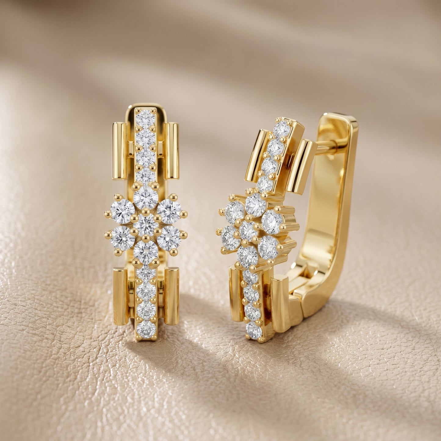 Round Cut Lab Grown Diamond Bloom Hoop Earrings in Yellow Gold