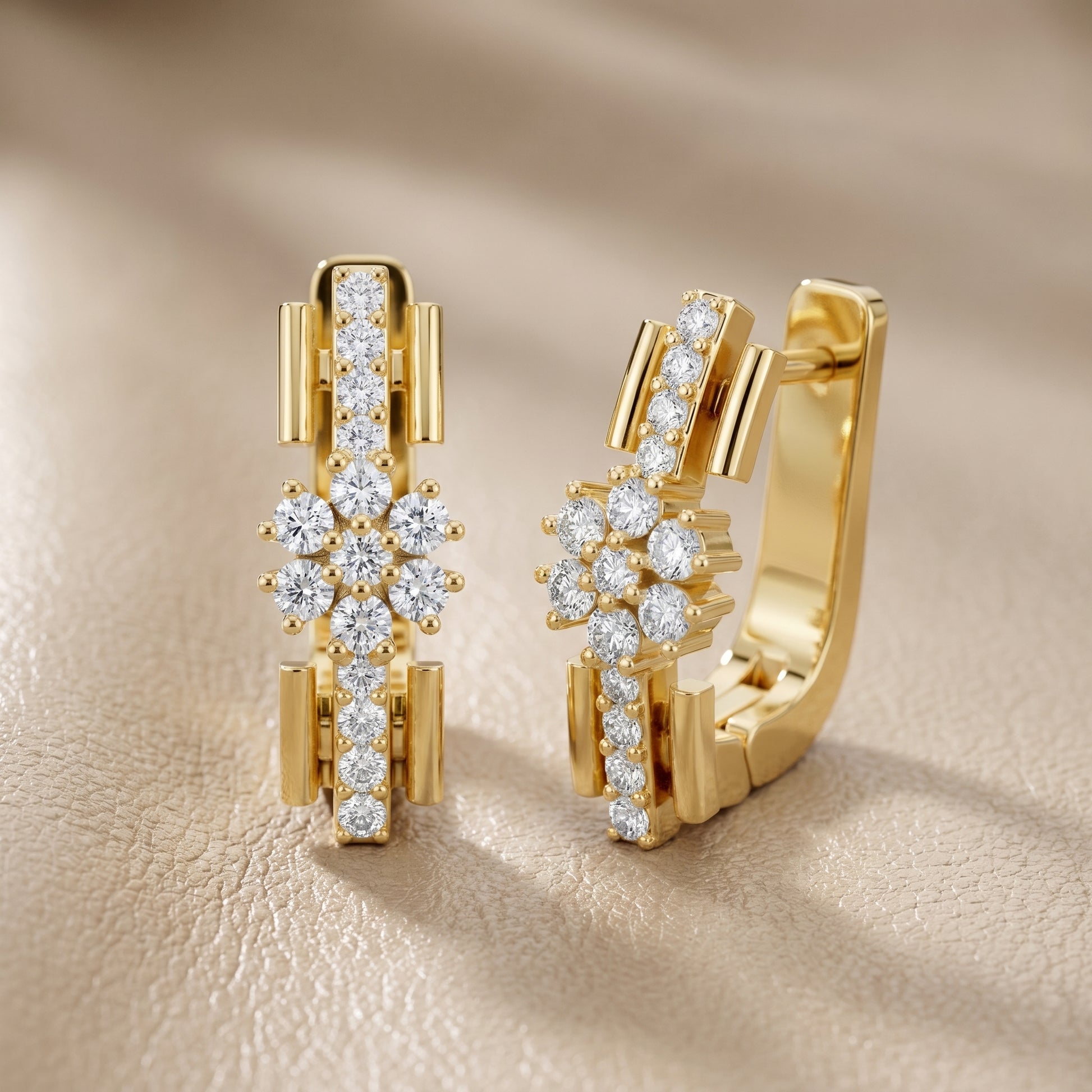 Round Cut Lab Grown Diamond Bloom Hoop Earrings in Yellow Gold