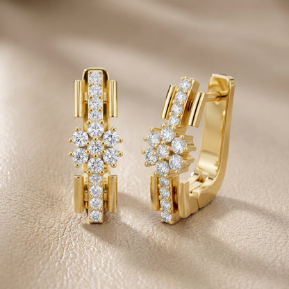 Round Cut Lab Grown Diamond Bloom Hoop Earrings in Yellow Gold