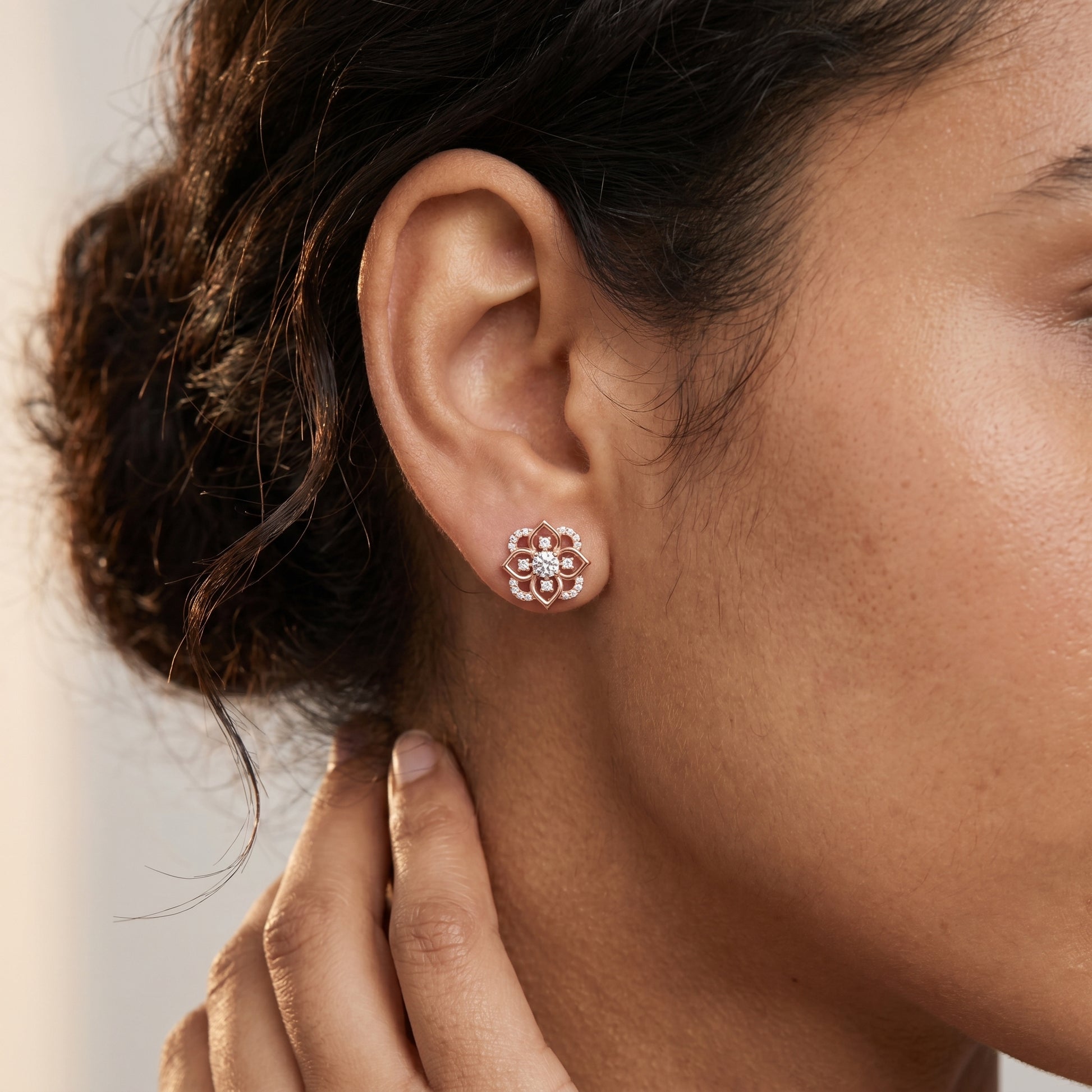 Round Cut Lab Grown Diamond Stud Earrings in Rose Gold