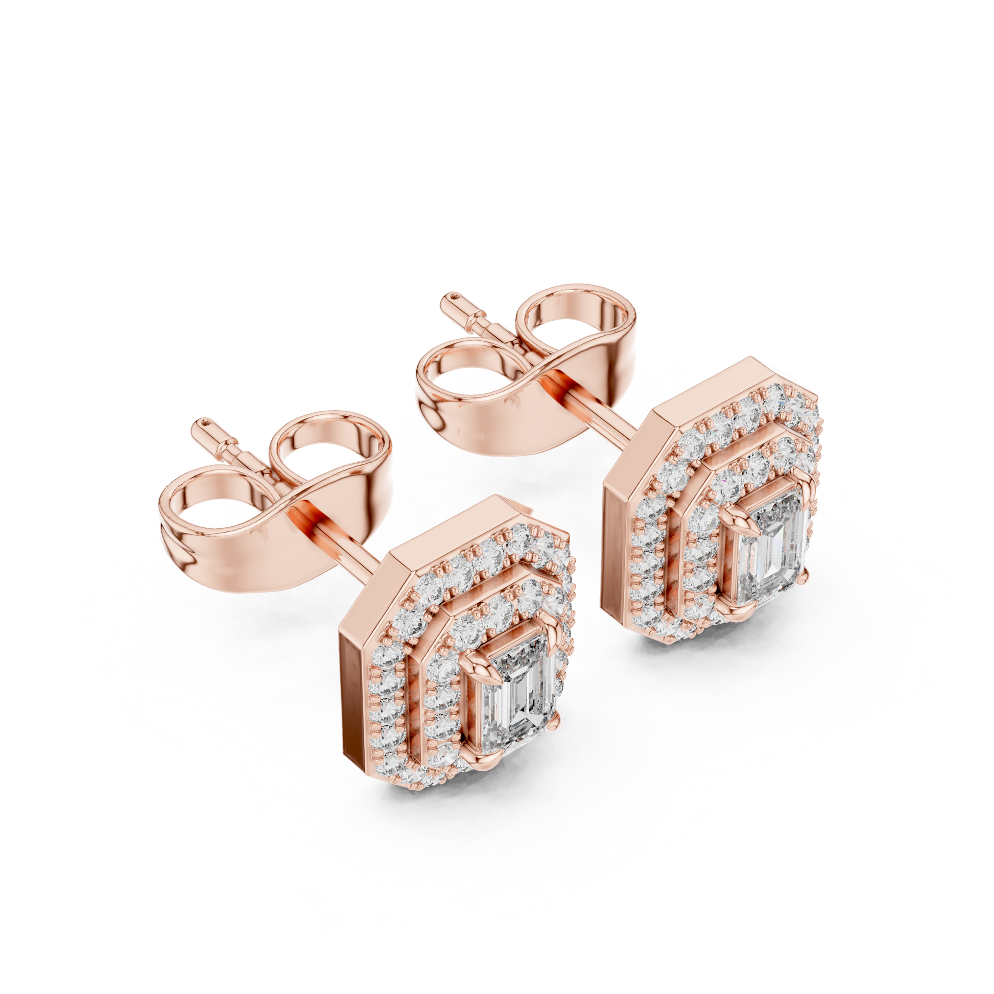 Emerald Round Cut Lab Grown Diamond Stud Earrings in Rose Gold