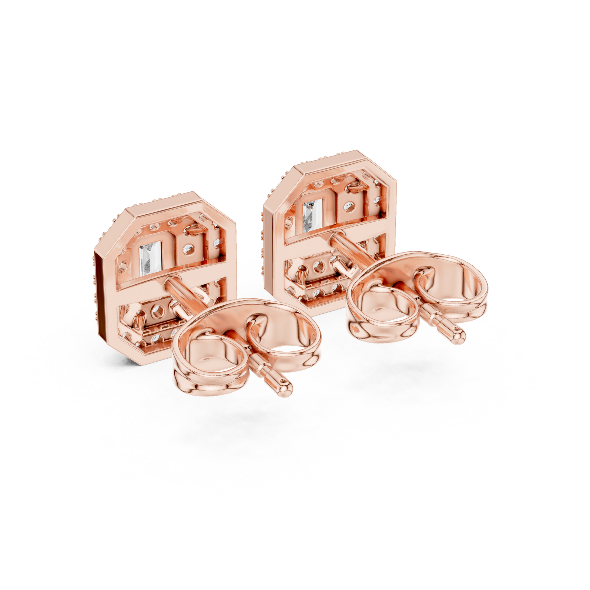 Emerald Round Cut Lab Grown Diamond Stud Earrings in Rose Gold