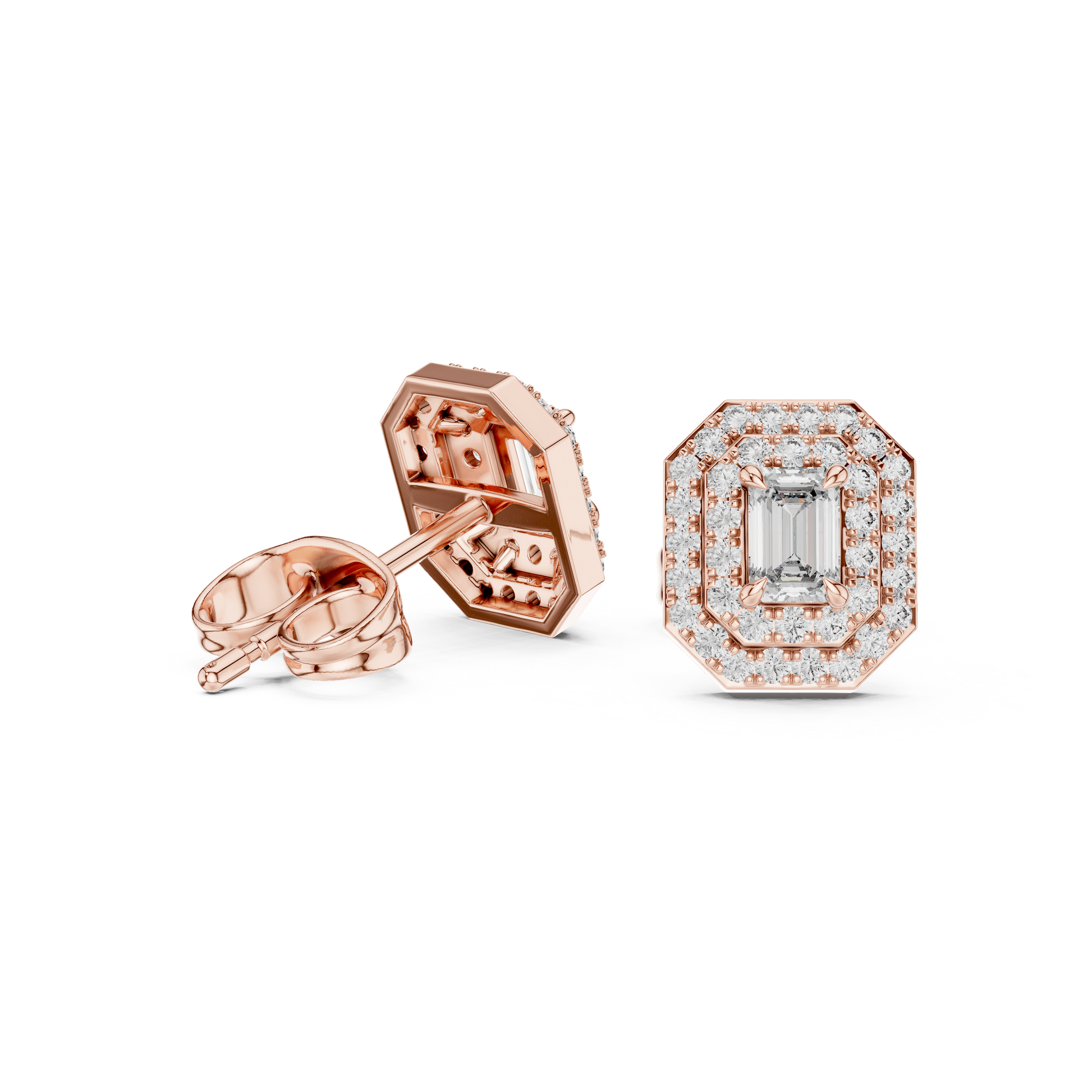 Emerald Round Cut Lab Grown Diamond Stud Earrings in Rose Gold