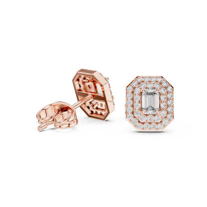 Emerald Round Cut Lab Grown Diamond Stud Earrings in Rose Gold