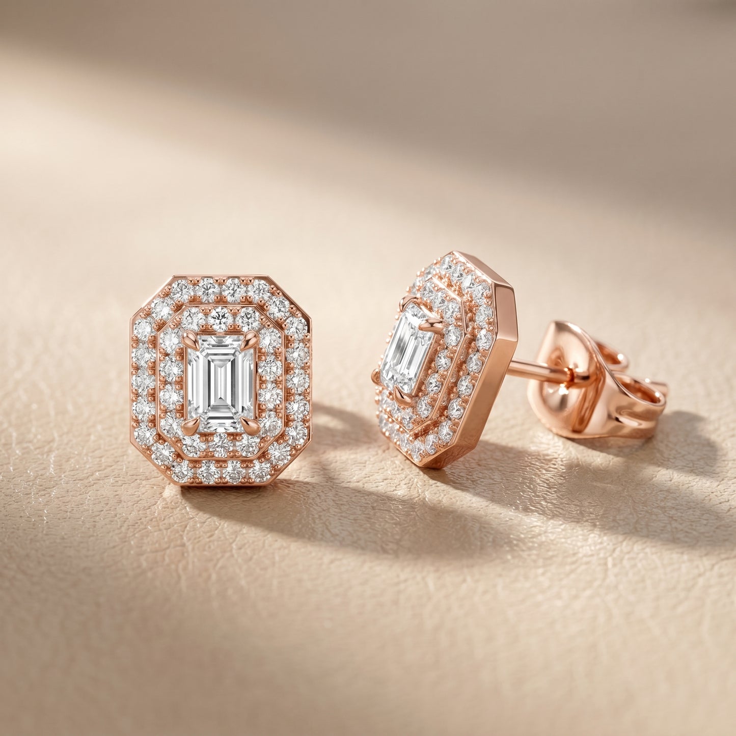 Emerald Round Cut Lab Grown Diamond Stud Earrings in Rose Gold