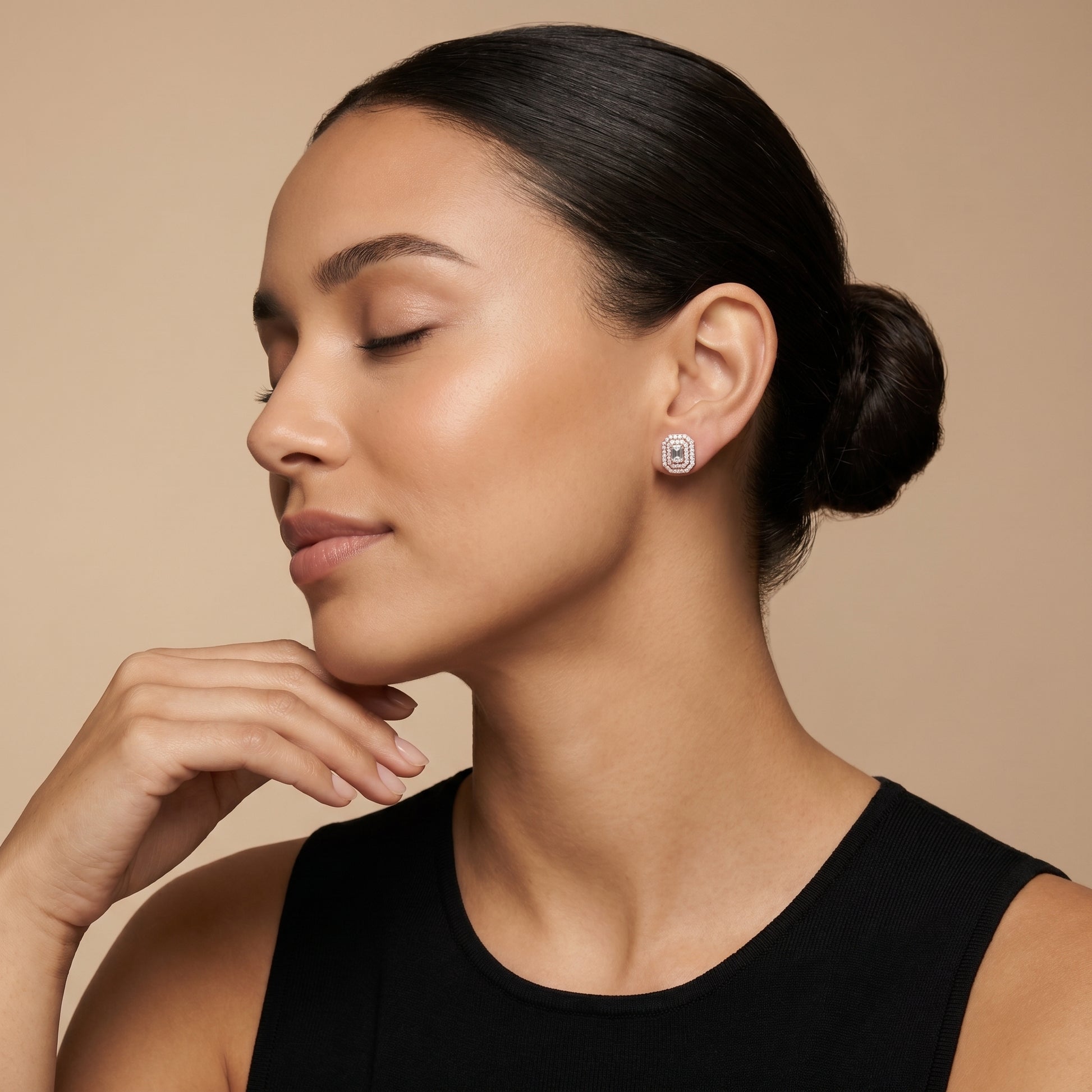 Emerald Round Cut Lab Grown Diamond Stud Earrings in Rose Gold