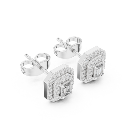 Emerald Round Cut Lab Grown Diamond Stud Earrings in White Gold