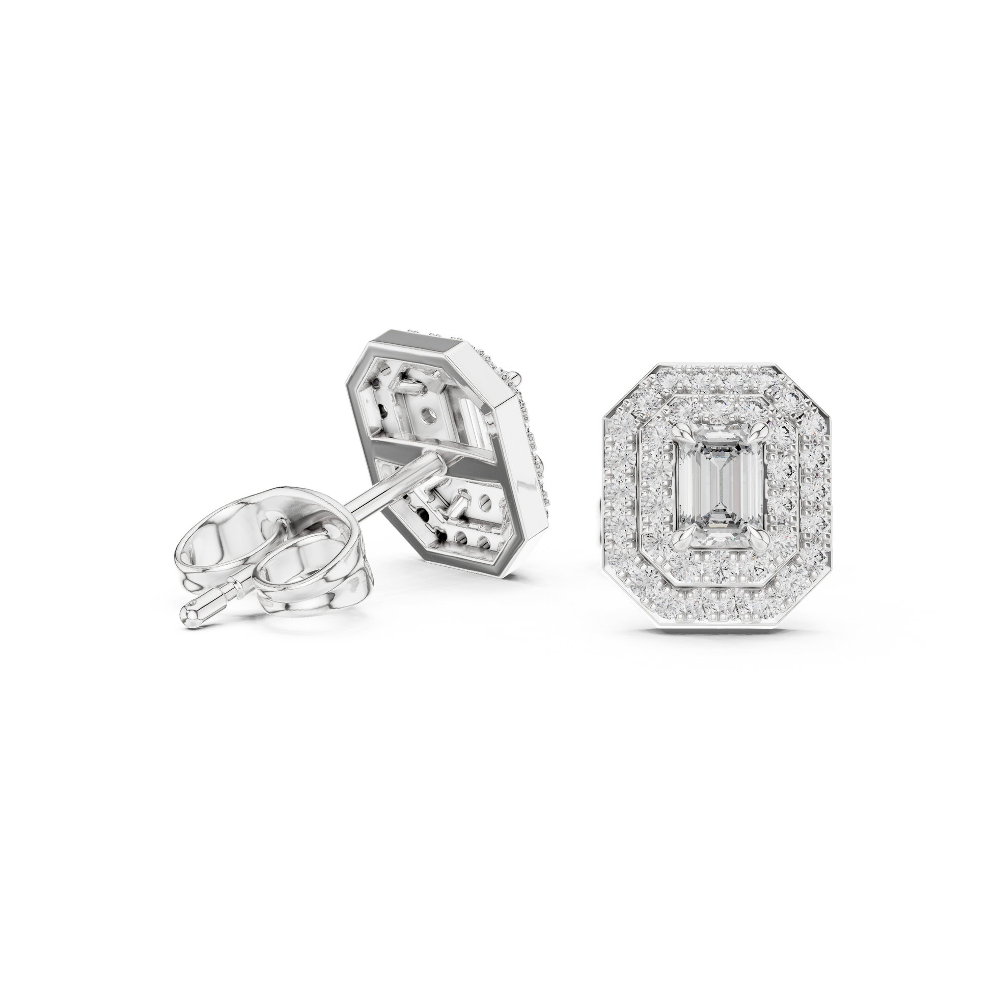 Emerald Round Cut Lab Grown Diamond Stud Earrings in White Gold
