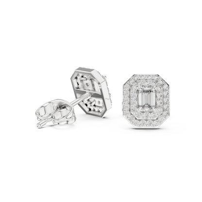Emerald Round Cut Lab Grown Diamond Stud Earrings in Silver