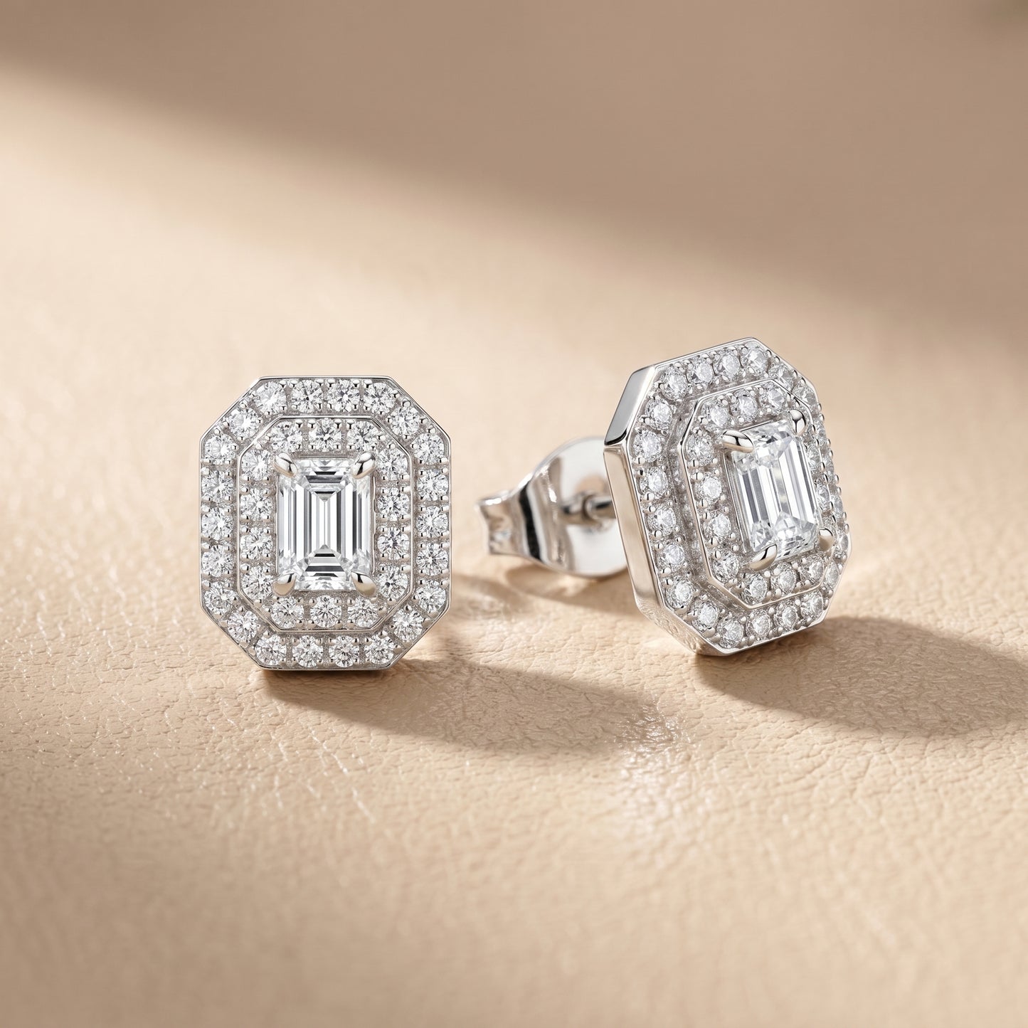 Emerald Round Cut Lab Grown Diamond Stud Earrings in White Gold
