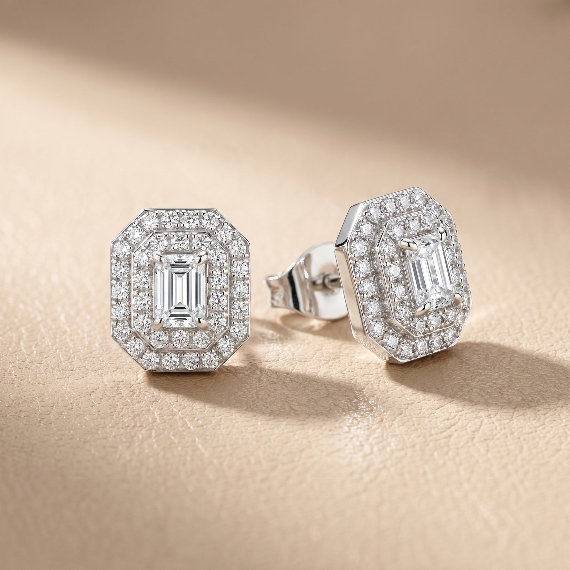 Emerald Round Cut Lab Grown Diamond Stud Earrings in Silver