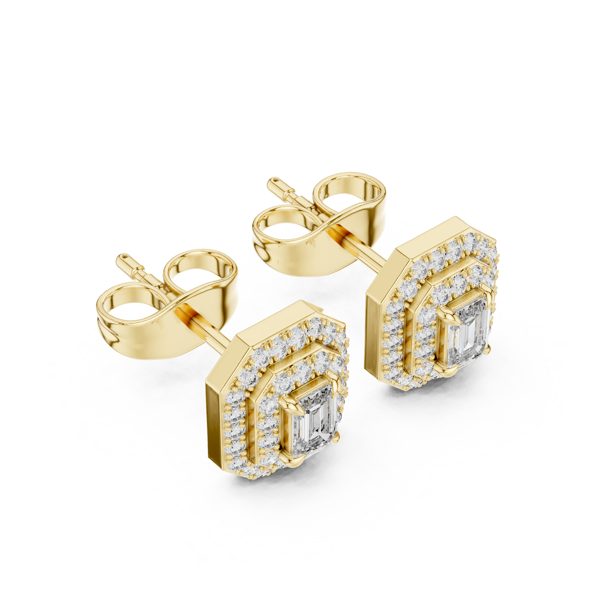 Emerald Round Cut Lab Grown Diamond Stud Earrings in Yellow Gold