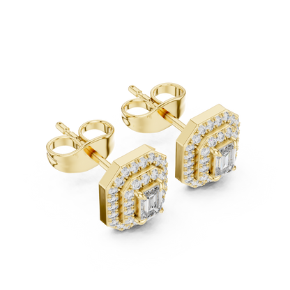 Emerald Round Cut Lab Grown Diamond Stud Earrings in Yellow Gold