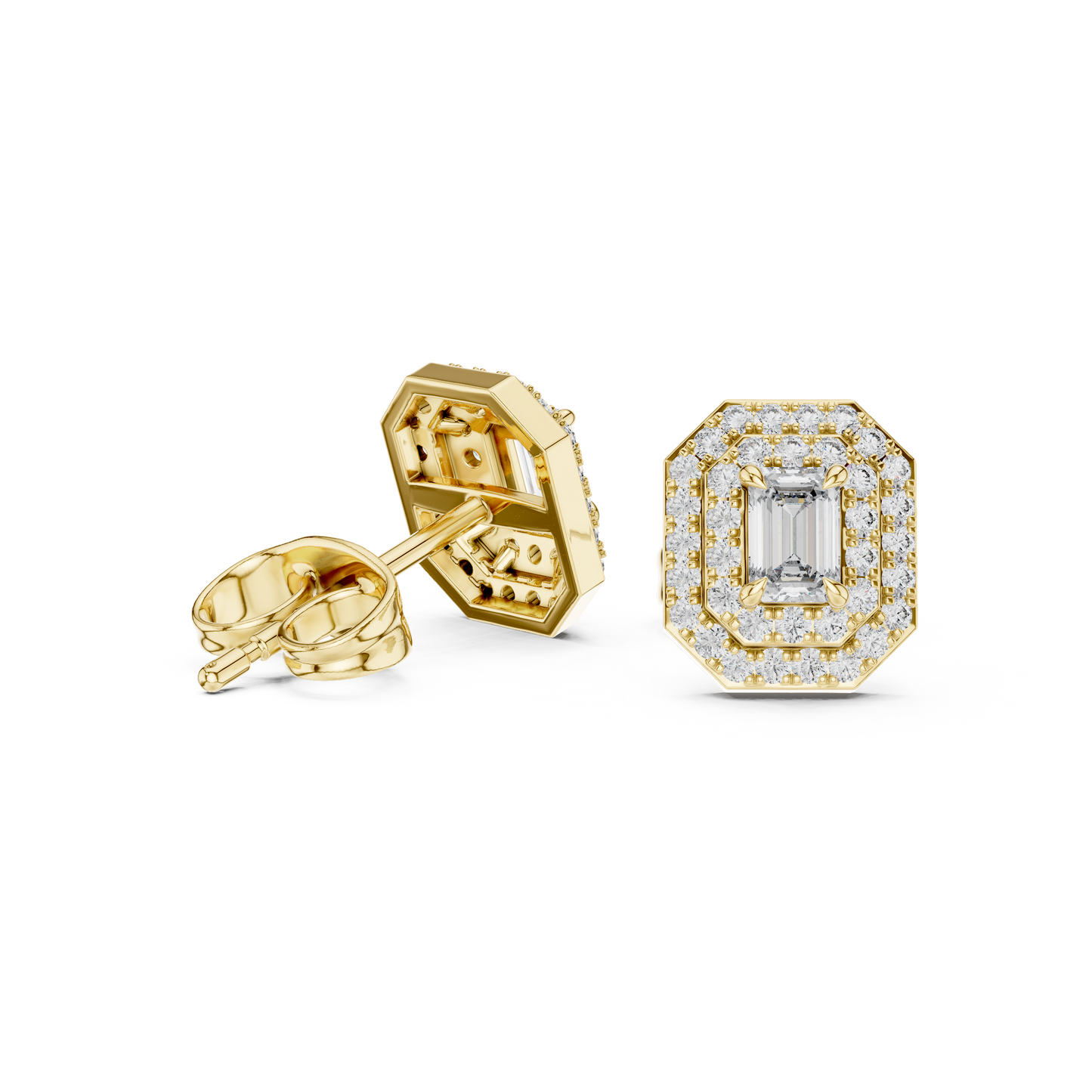 Emerald Round Cut Lab Grown Diamond Stud Earrings in Yellow Gold