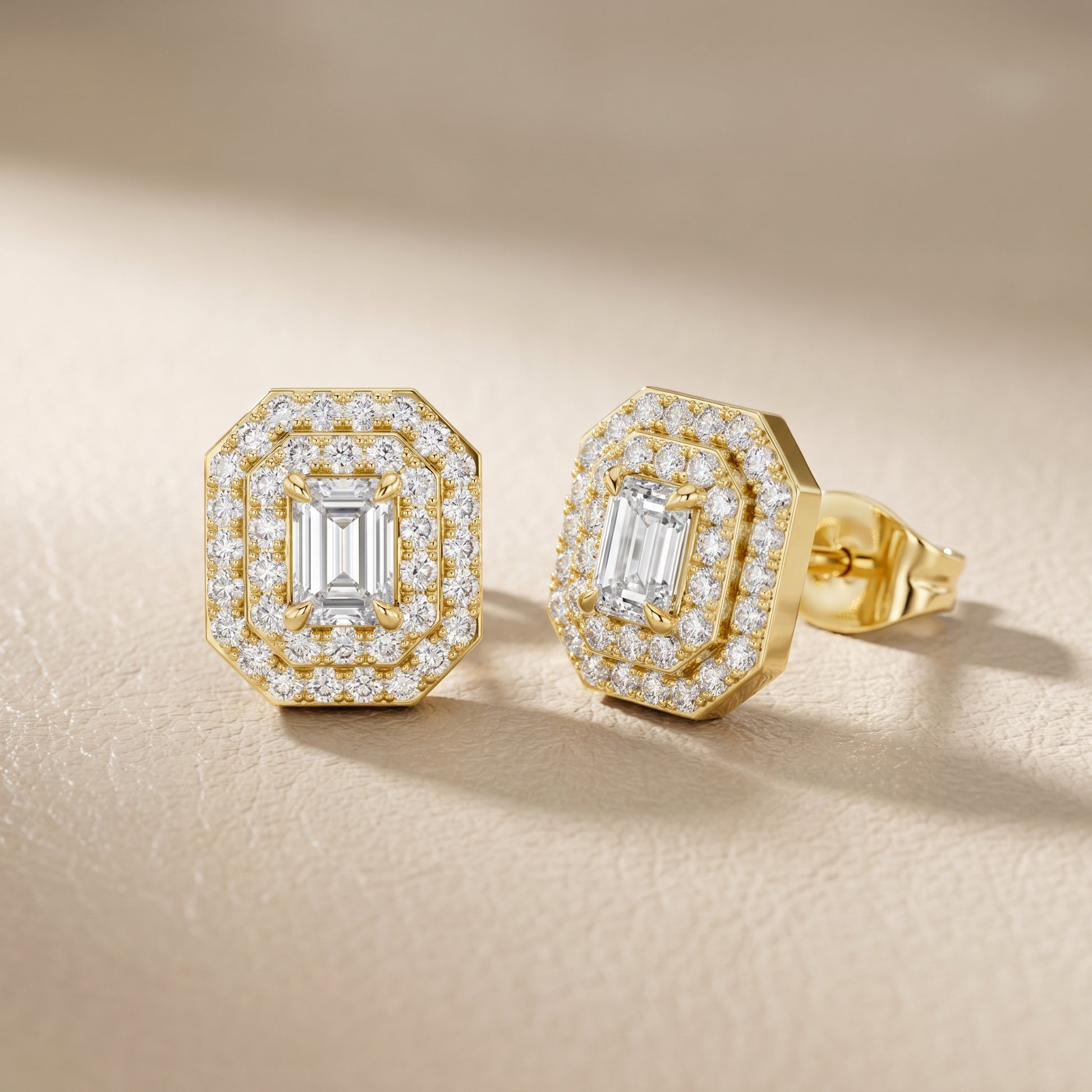 Emerald Round Cut Lab Grown Diamond Stud Earrings in Yellow Gold
