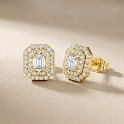Emerald Round Cut Lab Grown Diamond Stud Earrings in Yellow Gold