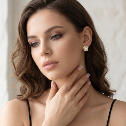 Emerald Round Cut Lab Grown Diamond Stud Earrings in Yellow Gold
