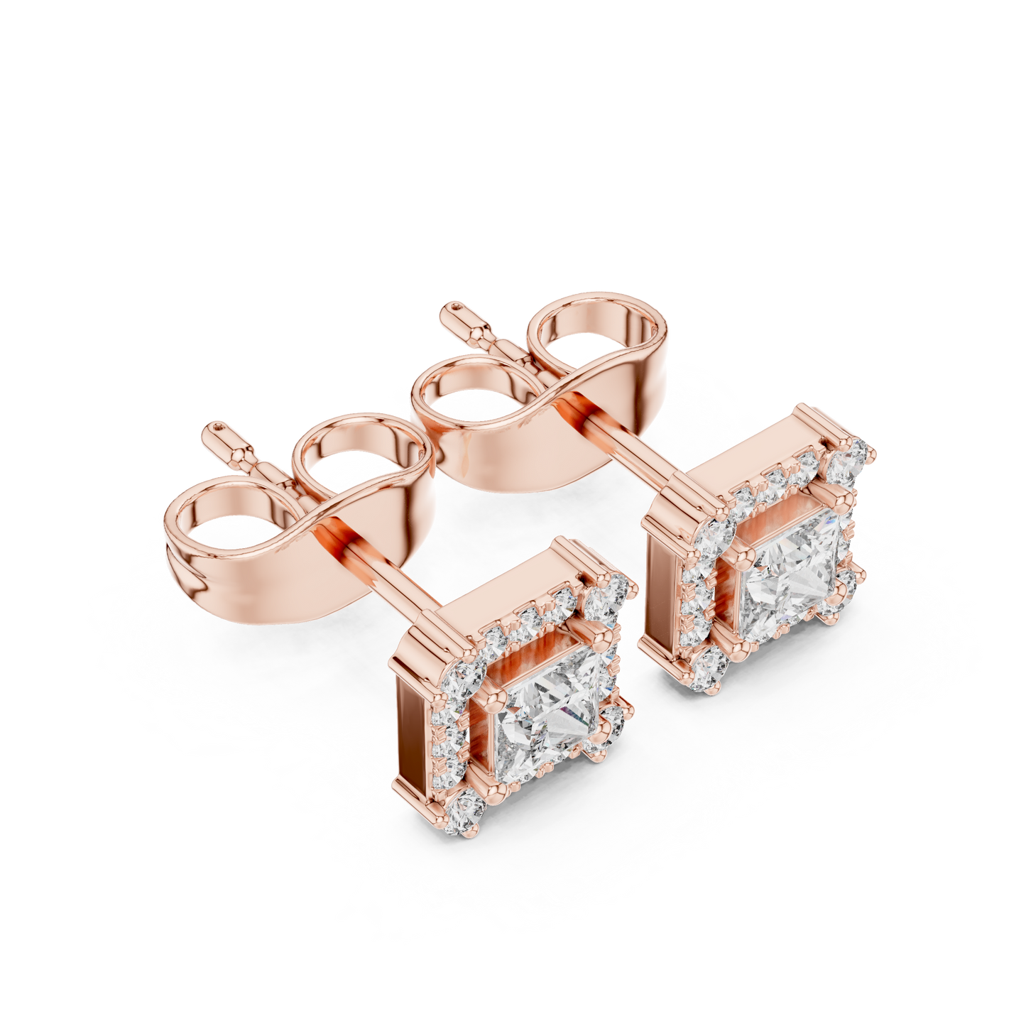 Princess Round Cut Lab Grown Diamond Stud Earrings in Rose Gold