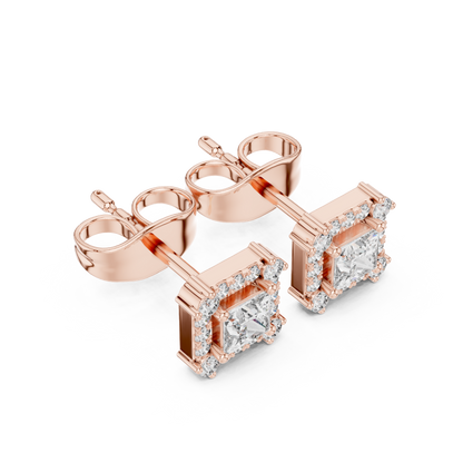 Princess Round Cut Lab Grown Diamond Stud Earrings in Rose Gold