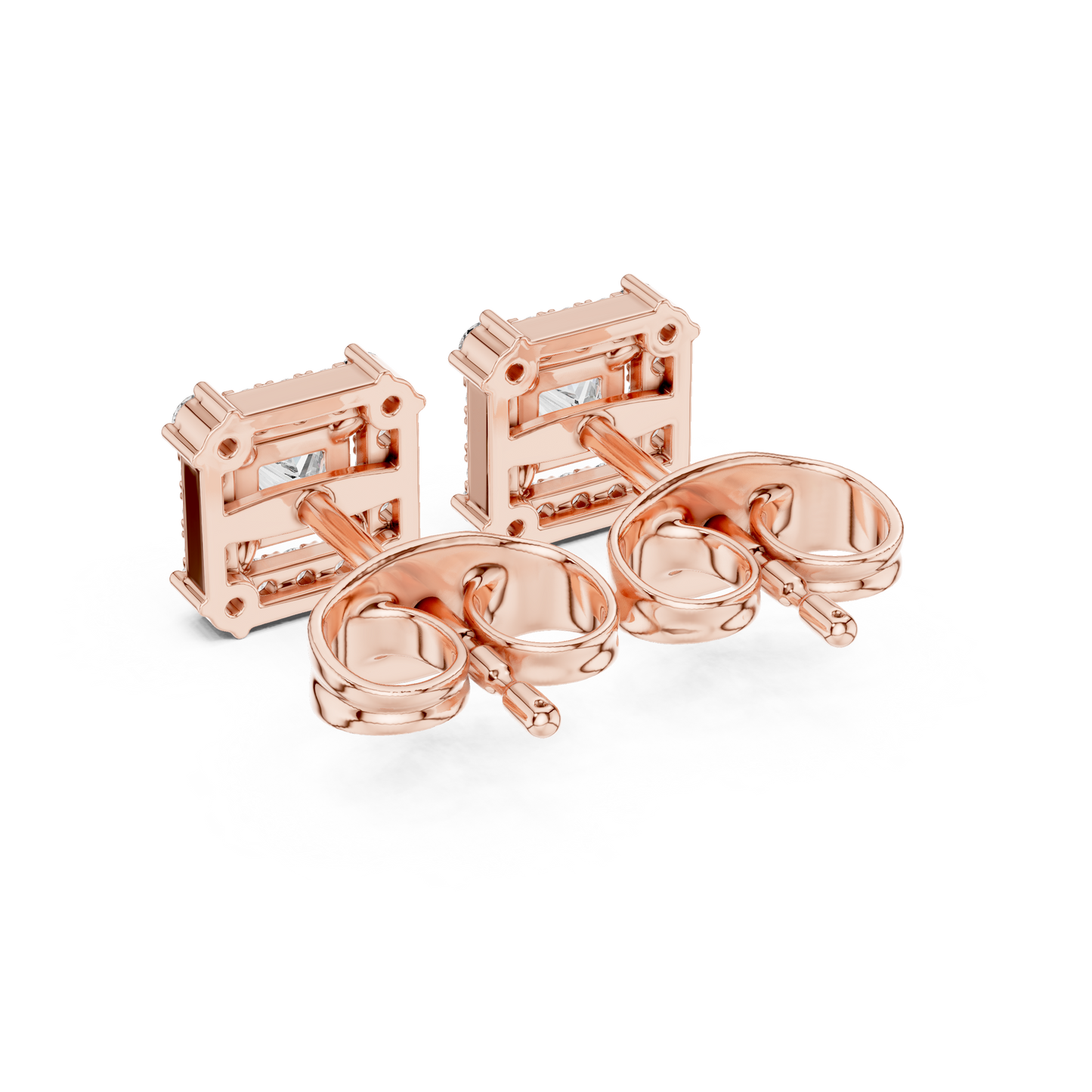 Princess Round Cut Lab Grown Diamond Stud Earrings in Rose Gold