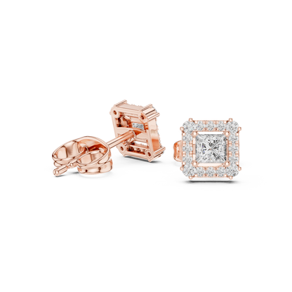 Princess Round Cut Lab Grown Diamond Stud Earrings in Rose Gold