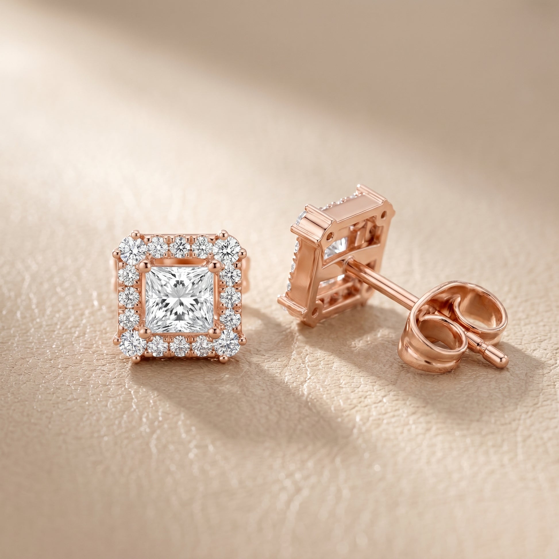 Princess Round Cut Lab Grown Diamond Stud Earrings in Rose Gold
