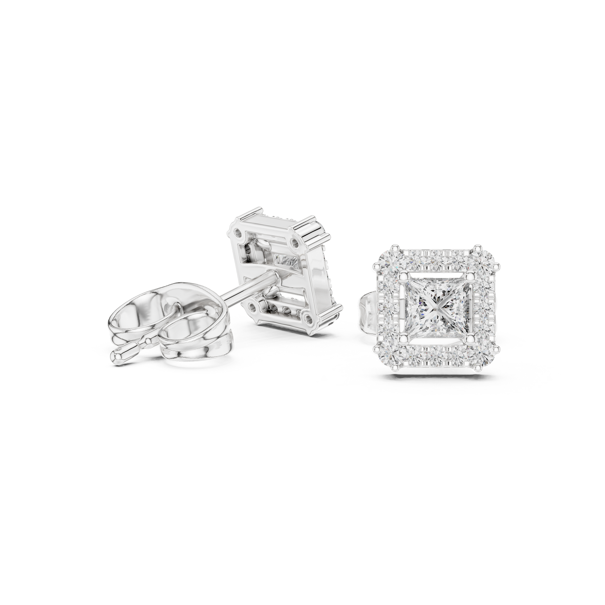 Princess Round Cut Lab Grown Diamond Stud Earrings in White Gold