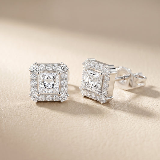 Princess Round Cut Lab Grown Diamond Stud Earrings in White Gold