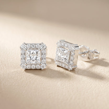 Princess Round Cut Lab Grown Diamond Stud Earrings in Silver