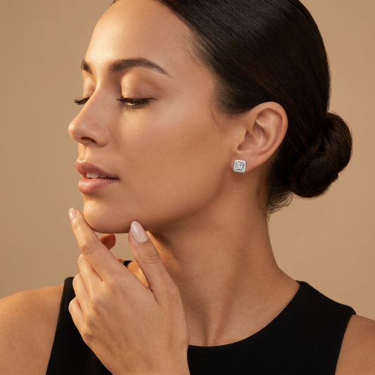 Princess Round Cut Lab Grown Diamond Stud Earrings in White Gold