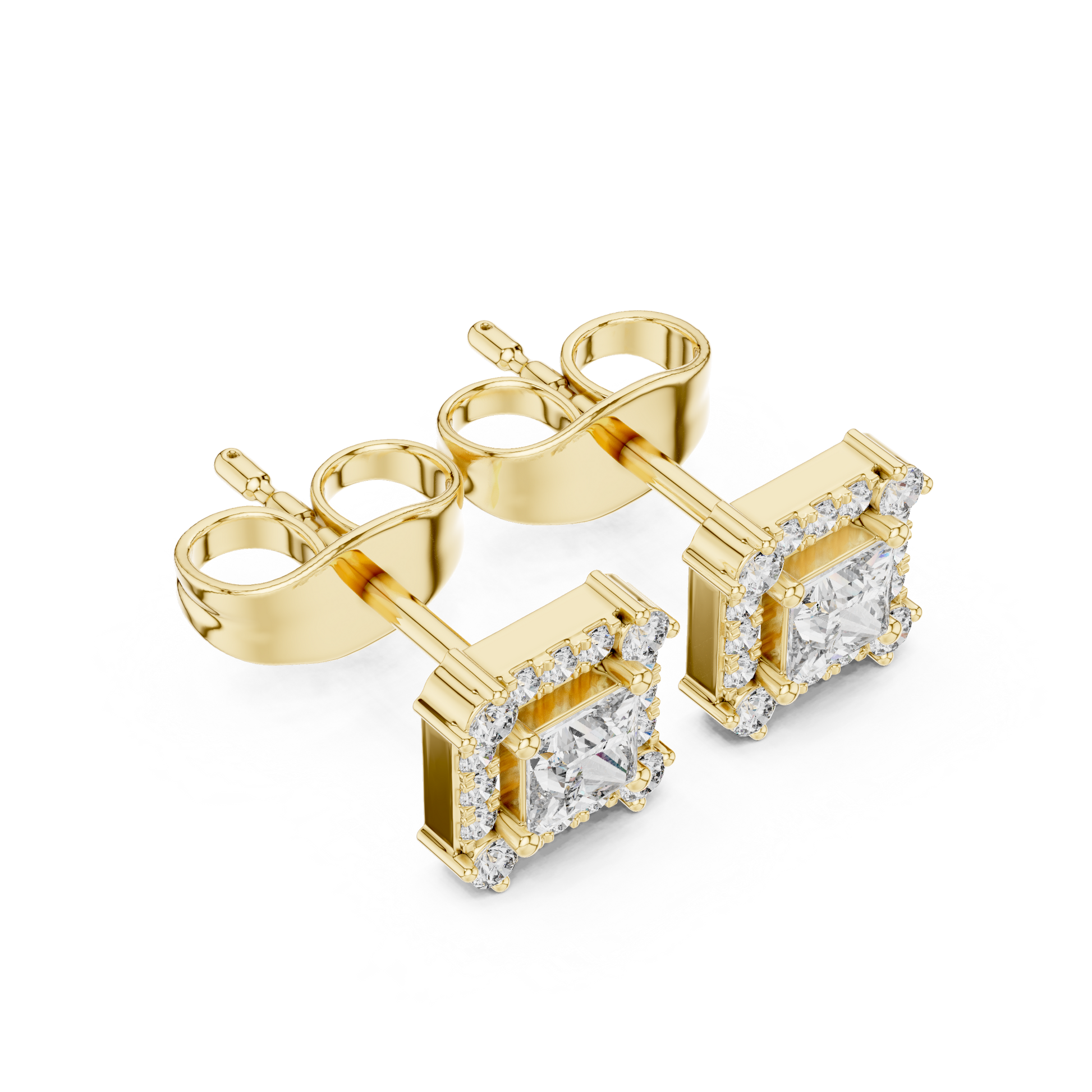 Princess Round Cut Lab Grown Diamond Stud Earrings in Yellow Gold