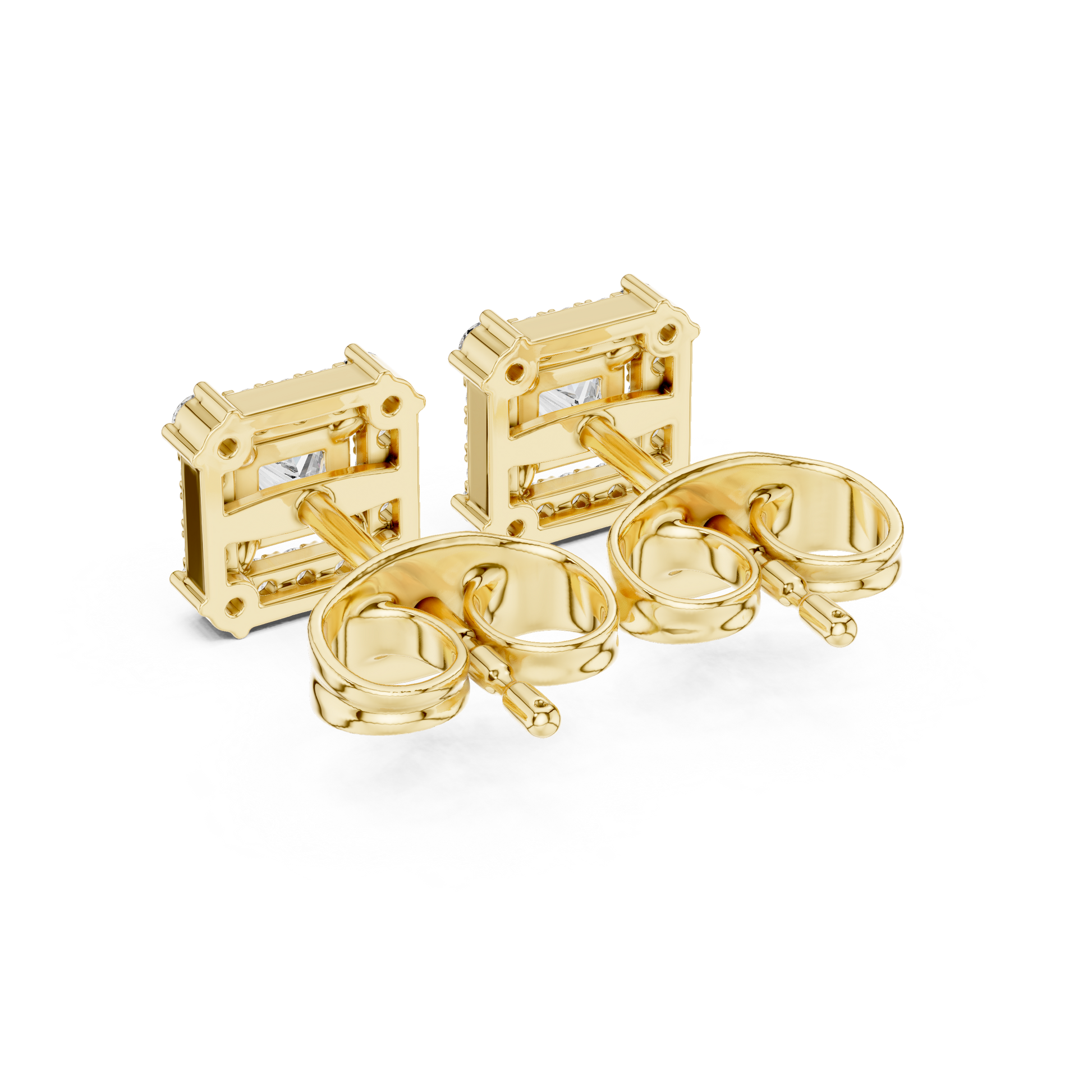 Princess Round Cut Lab Grown Diamond Stud Earrings in Yellow Gold